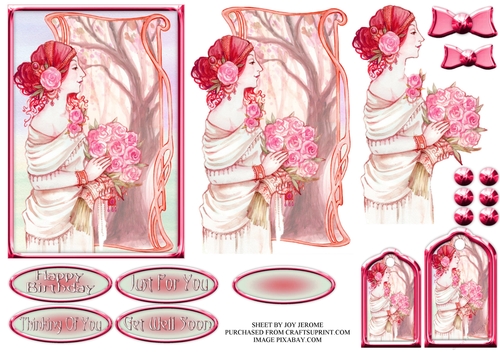  JJ ART NOUVEAU LADY WITH ROSES 6X4 DECOUPAGE PINK