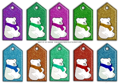  JJ CHRISTMAS GLITTER TAGS WITH POLAR BEAR EMBELLISHMENT.