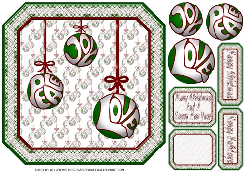 JJ CHRISTMAS BAUBLES PEACE JOY AND LOVE 8X8 RED