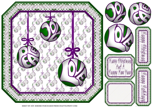 JJ CHRISTMAS BAUBLES PEACE JOY AND LOVE 8X8 PURPLE