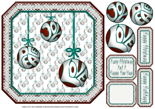 JJ CHRISTMAS BAUBLES PEACE JOY AND LOVE 8X8 TURQUOISE