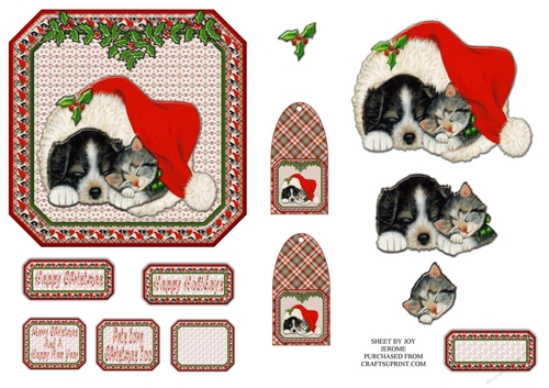  JJ PETS LOVE CHRISTMAS TOO SLEEPY CAT AND DOG 5X5 DECOUPAGE
