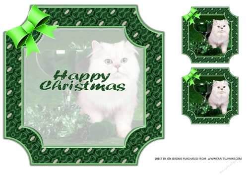 JJ PETS LOVE CHRISTMAS TOO SNOW WHITE CAT GREEN 8x8 INSERT HAPPY CHRISTMAS