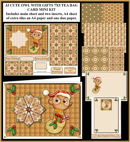  JJ CUTE CHRISTMAS OWL WITH GIFTS 7X5 TEA BAG CARD MINI KIT