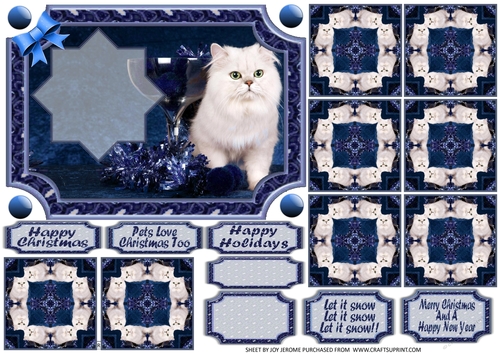 JJ PETS LOVE CHRISTMAS TOO SNOW WHITE CAT BLUE 7X5 TEA BAG CARD