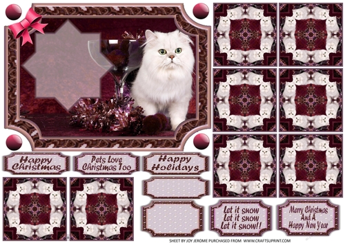  JJ PETS LOVE CHRISTMAS TOO SNOW WHITE CAT ROSEWOOD 7X5 TEA BAG CARD