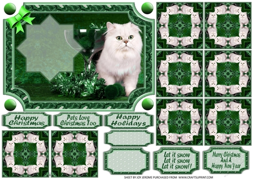  JJ PETS LOVE CHRISTMAS TOO SNOW WHITE CAT GREEN 7X5 TEA BAG CARD