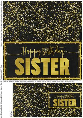 Black and Gold Cut and Fold Birthday Card - Sister