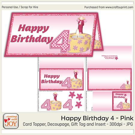 Pink 4th Birthday Angel Card