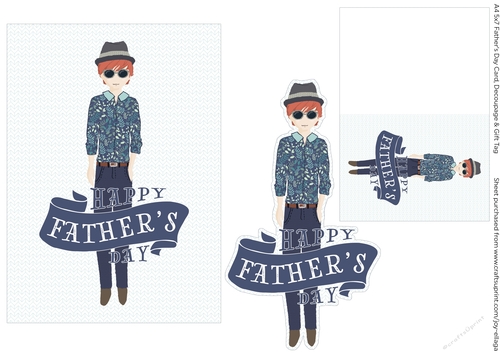 Fathers Day Card Man with Shades and Hat wearing Leaf-Patterned Collared Shirt and Jeans