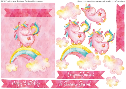 5x7 Watercolor Effect Unicorn on Rainbow Card and Decoupage - Pink
