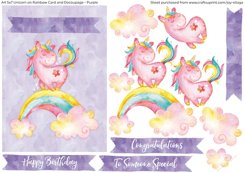 5x7 Watercolor Effect Unicorn on Rainbow Card and Decoupage - Purple