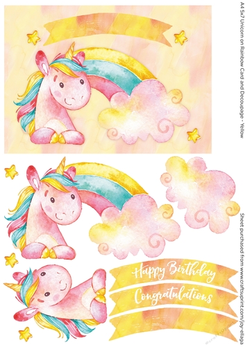 5x7 Watercolor Effect Unicorn on Rainbow Card and Decoupage - Yellow