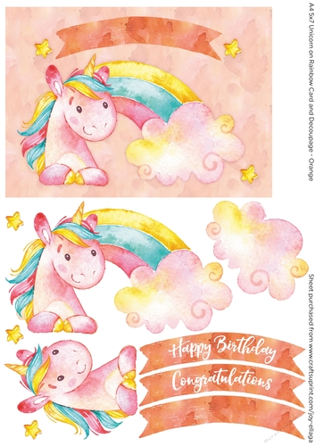 5x7 Watercolor Effect Unicorn on Rainbow Card and Decoupage - Orange