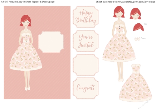 5x7 Illustrated Auburn Haired Lady In Floral Dress