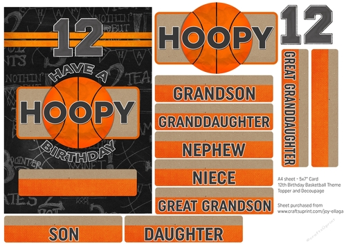 5x7 Card Topper and Decoupage 12th Birthday Basketball Theme 
