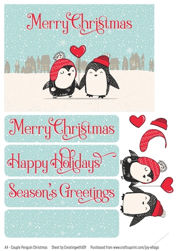 Couple Penguins Holding a Heart Balloon on a Snowy Christmas