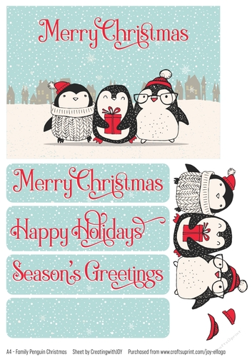Family Penguins Holding a Gift on a Snowy Christmas