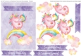 5x7 Watercolor Effect Unicorn on Rainbow Card and Decoupage - Purple