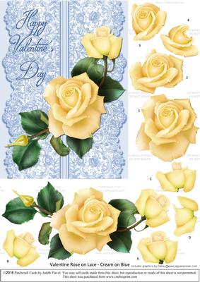 Roses on Lace - Cream on Blue - Valentine