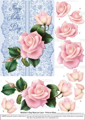 Roses on Lace - Pale Pink on Blue - Mothers Day