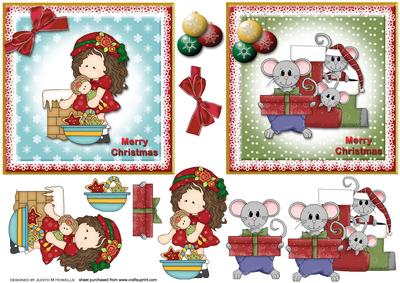 Two Christmas Card Fronts with Decoupage Girl and Mice