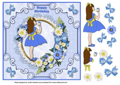 Girl with Flowers in Blue Large Card Front