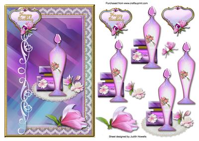 Lilac Perfume Bottles and Flowers Card Front