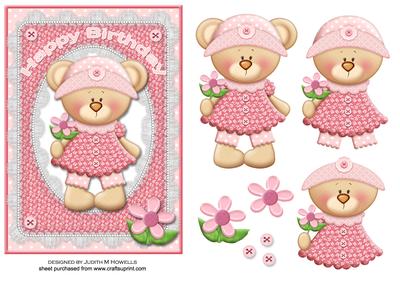 Pink Birthday Bear with Flower and Lace Frame