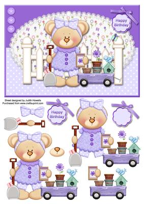 Lilac Gardening Bear Card Front
