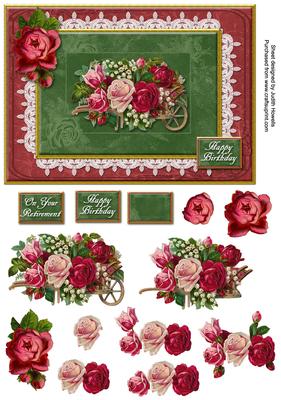 Vintage Rose Filled Wheelbarrow Card Front