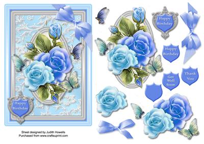 Blue Roses Butterflies and Bow Card Front