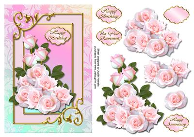 Pink Rose Bouquet in Leaf and Gold Frame Card Front