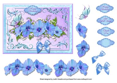 Blue Flower Spray on Lilac Silk Card Front