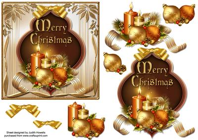 Gold Christmas Candles and Baubles Card Front