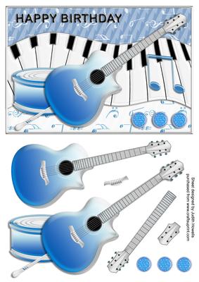 Guitar and Music Blue Birthday Card Front