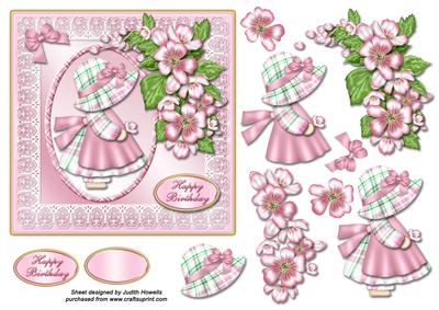 Pink Plaid Sue and Apple Blossoms Card Front
