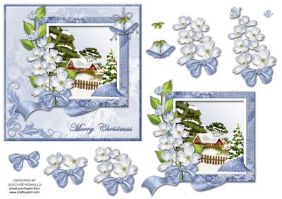 Blue Christmas Scene and Flowers Card Front