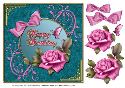 Pink Rose Butterfly and Bow with Teal Frame