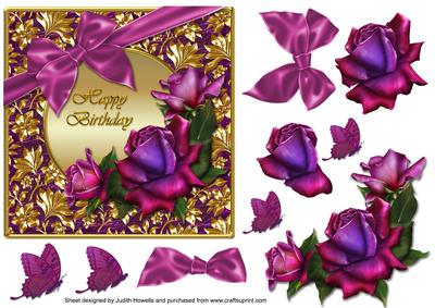 Twilight Roses and Bow on Gold Frame Card Front