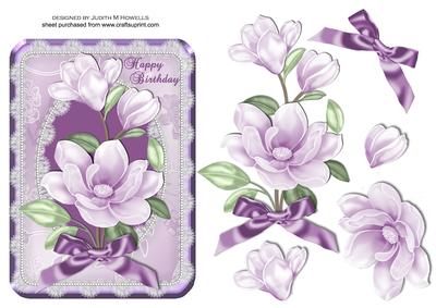 Lilac Magnolias on Lace Frame Birthday Card Front