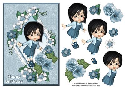 Blue Birthday Girl in Diamond Floral Frame Card Front
