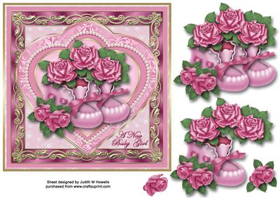 New Baby Girl Booties and Roses Card Front
