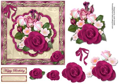 Rose Bouquet on Scalloped Panel Square Card Front