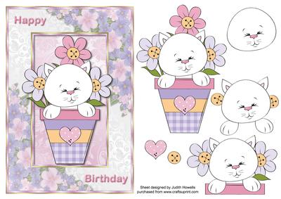 Kitten in Flowerpot Birthday Card Front