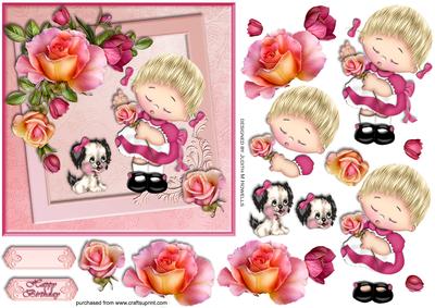 Cute Girl with Puppy and Roses Card Front