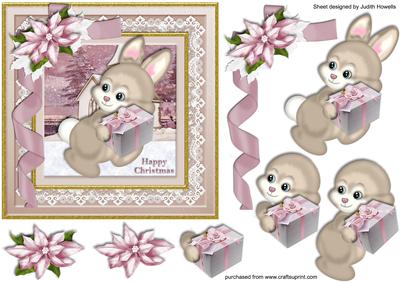 Bunny with Christmas Gift Lace Framed Card Front