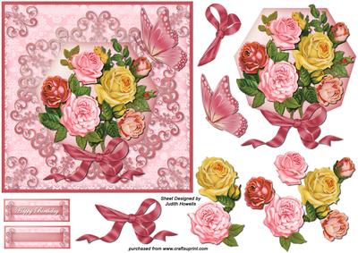 Colourful Vintage Roses on Damask Card Front