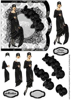 Black and White Vintage Lady Shaped Card Front