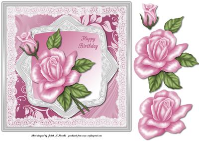 Lace Edged Pink Rose Birthday Card Front